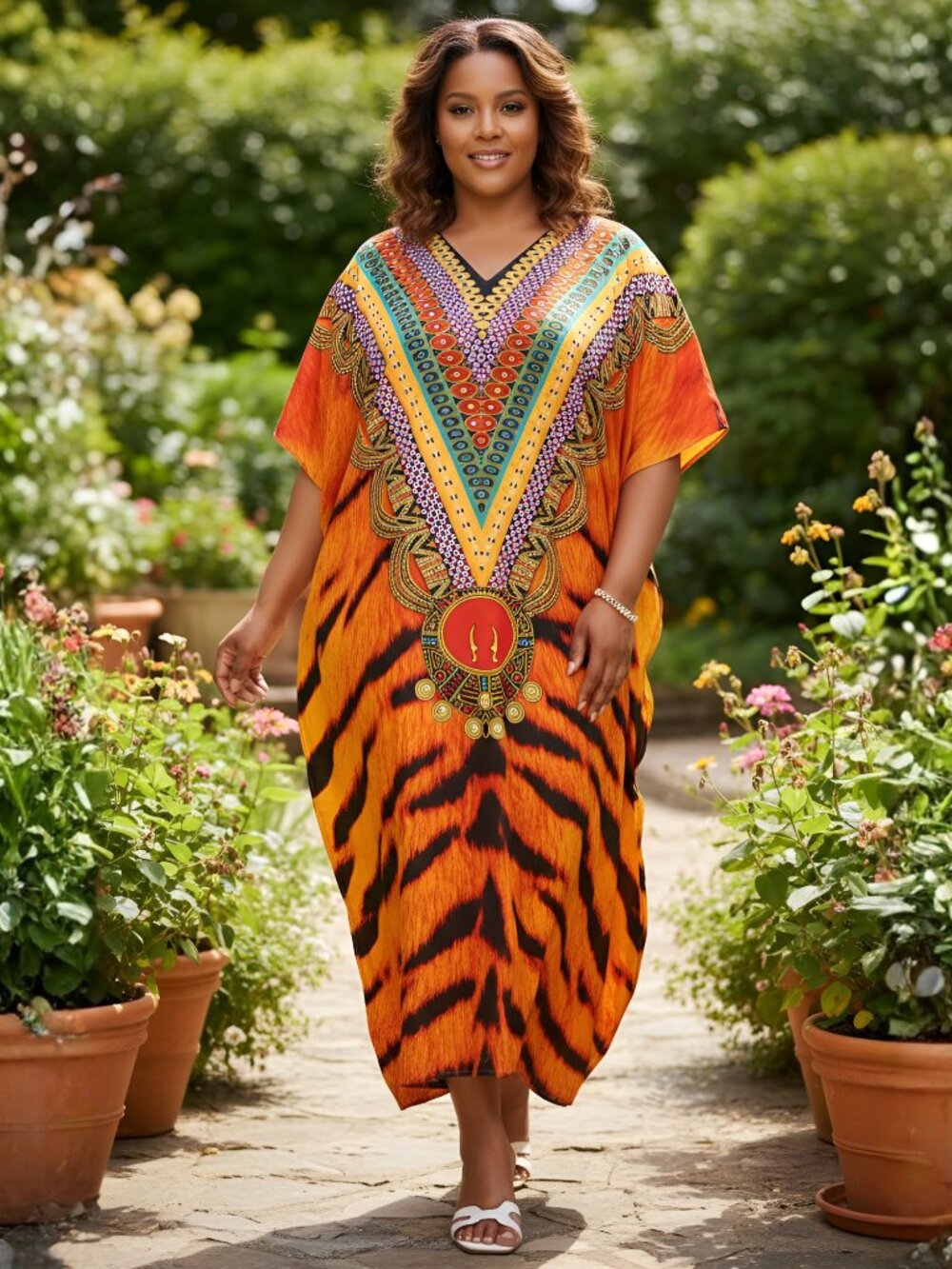 Tiger Printed Caftan Dress Plus Size Polyester Maxi Dresses Kimono Sleeve Gown